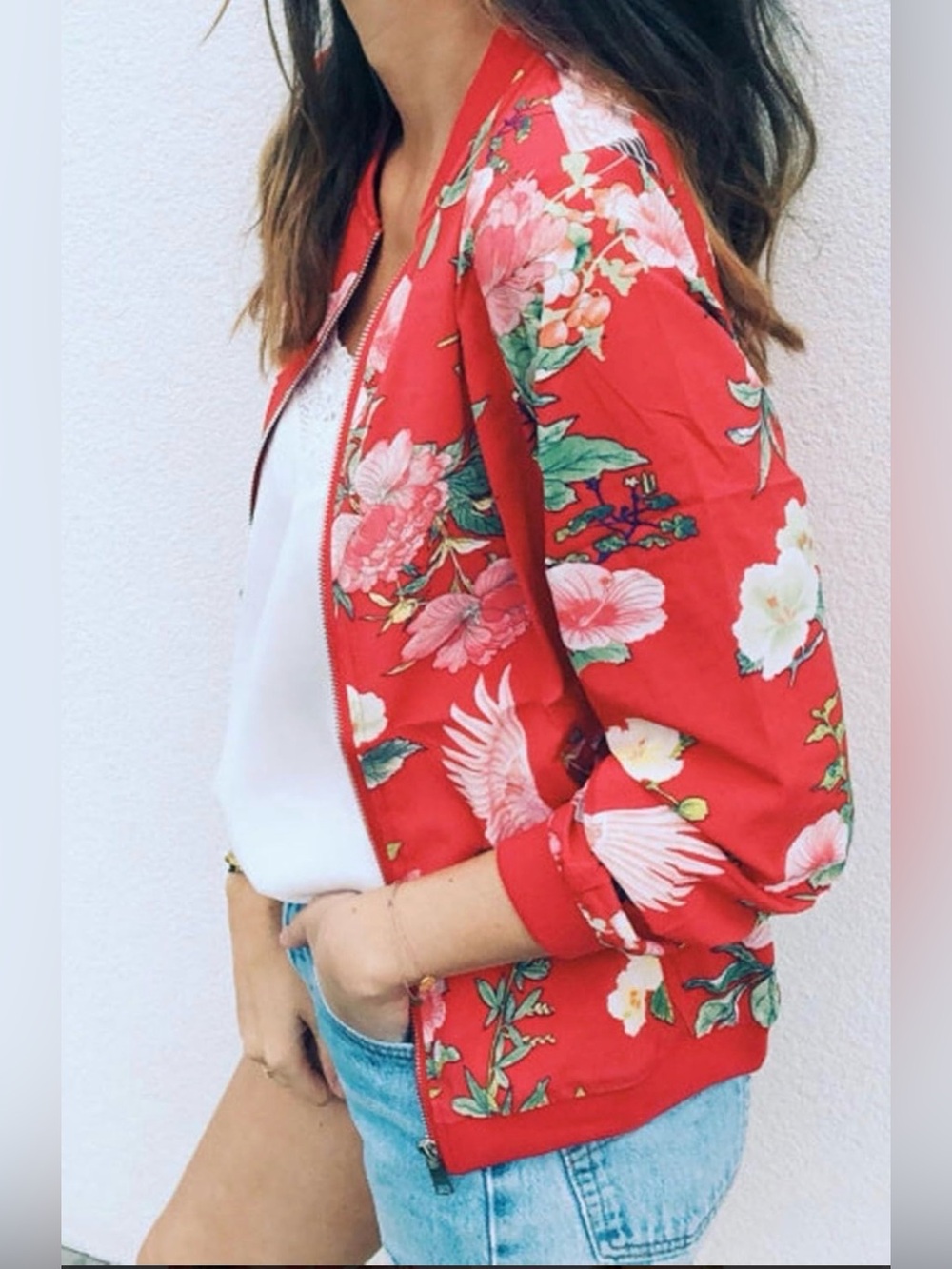 Floral & Birds Lightweight Polyester Red Bomber Jacket - Women's, Gold Hardware